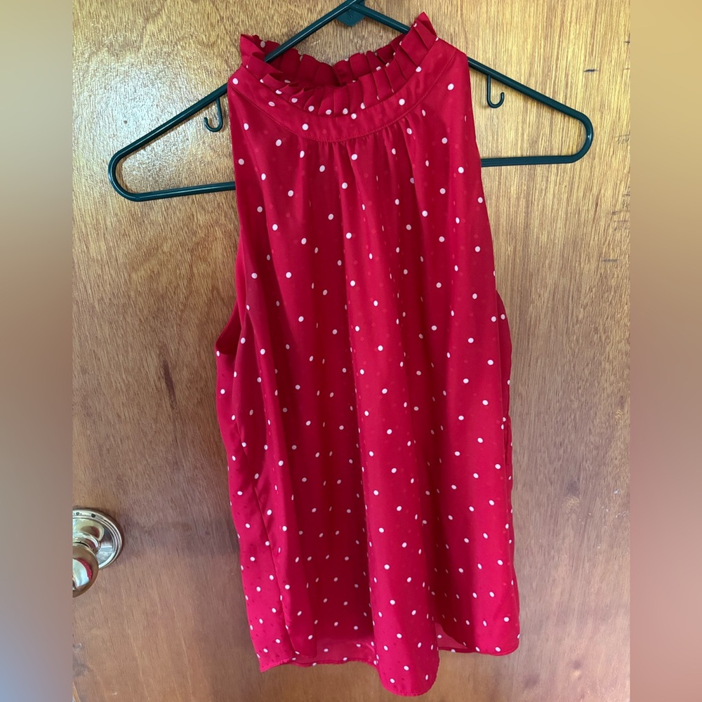 Ann Taylor Red Ruffled Sleeveless Blouse with White Dots